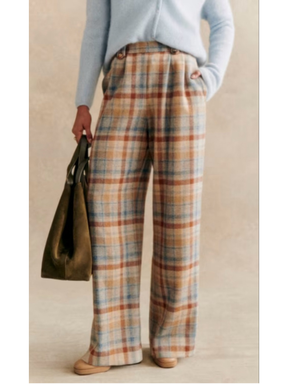 NWT Sezane Loulou Trouser in Tan Blue Plaid Check Wool Wide Leg Pants 36/6 - Picture 2 of 12